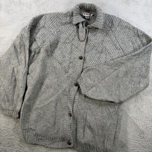 Orvis Cardigan Sweater Mens Large Grey 100% Wool Chunky Knit Collared Pockets